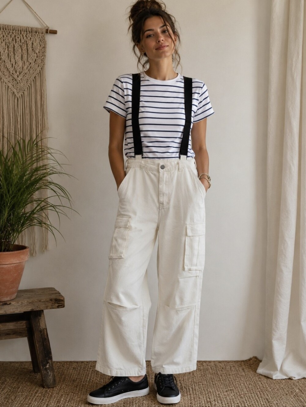 Cider Wide Leg Cargo Jeans Overalls With Suspenders Barrel Leg Cream NEW Size L